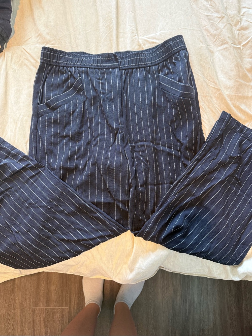 Navy Pinstripe Casual Capris